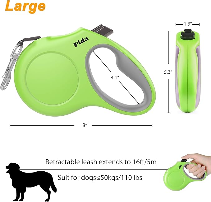 Fida Retractable Dog Leash with Dispenser and Poop Bags, 16 ft Pet Walking Leash for Large Dog up to 110 lbs, Anti-Slip Handle, Tangle Free, Reflective Nylon Tape (L, Green)