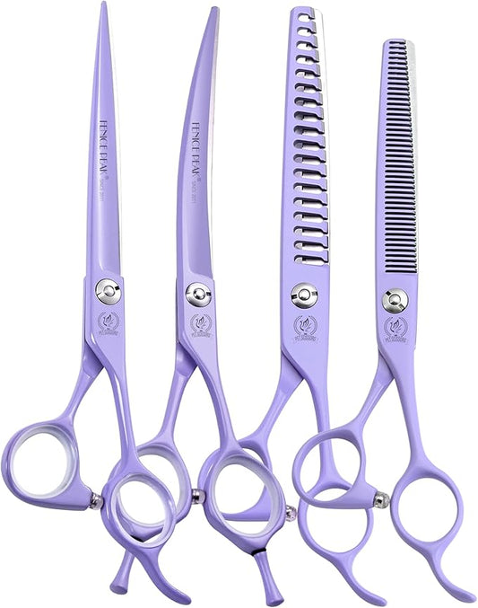 Fenice Peak 7" Professional Dog Grooming Scissors Set, Japanese 440C Stainless Steel Straight Thinning Curved Chunker Shears for Pet Grooming, Trimming Face, Paws, Violet