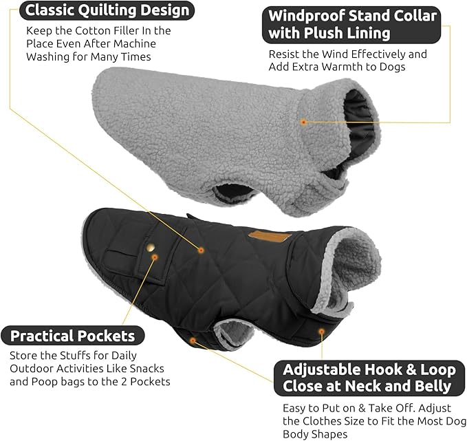 Queenmore Dog Winter Coat Warm Puffer Jacket Waterproof Plush Lining Thermal Cold Weather Vest for Small Medium Large Dogs, Windproof Easy On Pet Jacket Black M