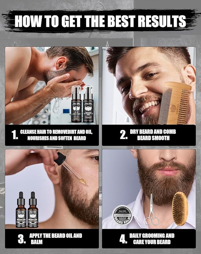 Beard Kit for Men Grooming & Care: with 2 Pack Beard Oils and Balm - Wash & Conditioner for After Shave Lotions Sandalwood, Brush and Comb Sets with Scissors, Valentines Fathers Gifts for Dad/Men/Him