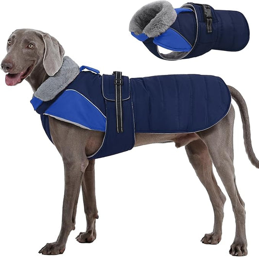 Nanaki Dog Coat Jacket for Large Dogs Winter Waterproof, Warm Fleece Lining Furry Collar Large Dog Jacket with Leash Hole, Reflective Cold Weather Pet Jacket Outdoor Walking Hunting,Easy On Blue 3XL