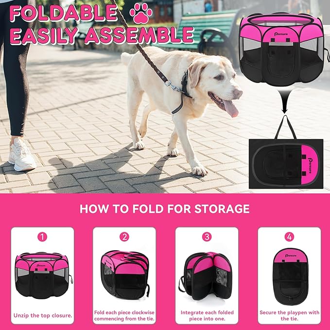 Dog Cat Playpen Indoor Outdoor for Puppy Pet Dogs Cat Travel, Dog Enclosure Tent Crates Cage for Recovery After Surgery, Portable Pop Up Dogs Kennel with Carrying Case (Rosy, Large)