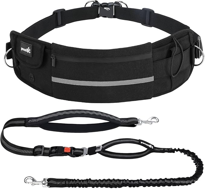 Pecute Dog Leash Hands Free with Pouch, Waist Belt Fanny Pack with Soft Pads, Dual Handles and Durable Bungee for Walking, Dog Seat Belt, Hiking, Running, Training, Black(Up to 180lbs)
