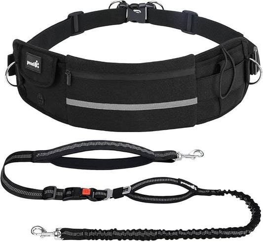 Pecute Dog Leash Hands Free with Pouch, Waist Belt Fanny Pack with Soft Pads, Dual Handles and Durable Bungee for Walking, Dog Seat Belt, Hiking, Running, Training, Black(Up to 180lbs)