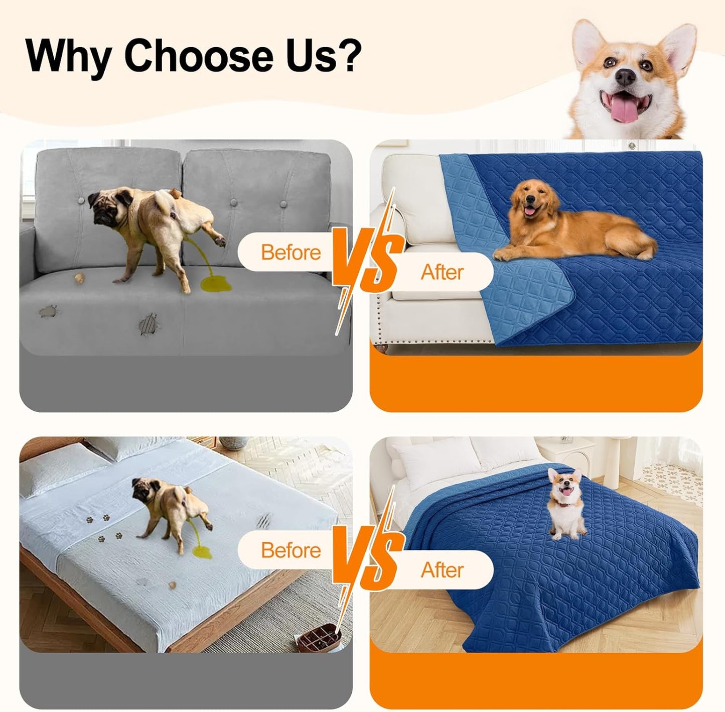 Smiry Waterproof Dog Blanket, 82x82 Inch Soft Pet Bed Cover Reversible, Washable Sofa Couch Furniture Protector for Small Medium Large Dog Puppy Cat, Geometric, Navy/Blue