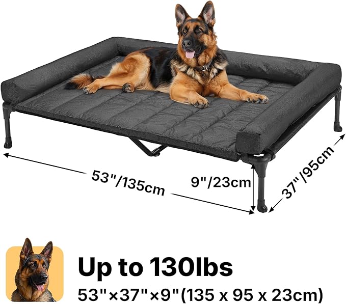Veehoo Cooling Elevated Dog Bed Add Removable Waterproof Bolster Cushion Mat, Raised Pet Cot with Breathable Teslin Mesh, No-Slip Feet, Dog Couch Bed for Indoor Outdoor, 53 inches, Black