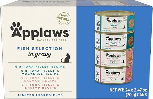 Applaws Natural Wet Cat Food in Gravy, Limited and Natural Ingredients, High Protein with No Artificial Additives, Fish Selection in Gravy (24 x 2.47oz Cans)