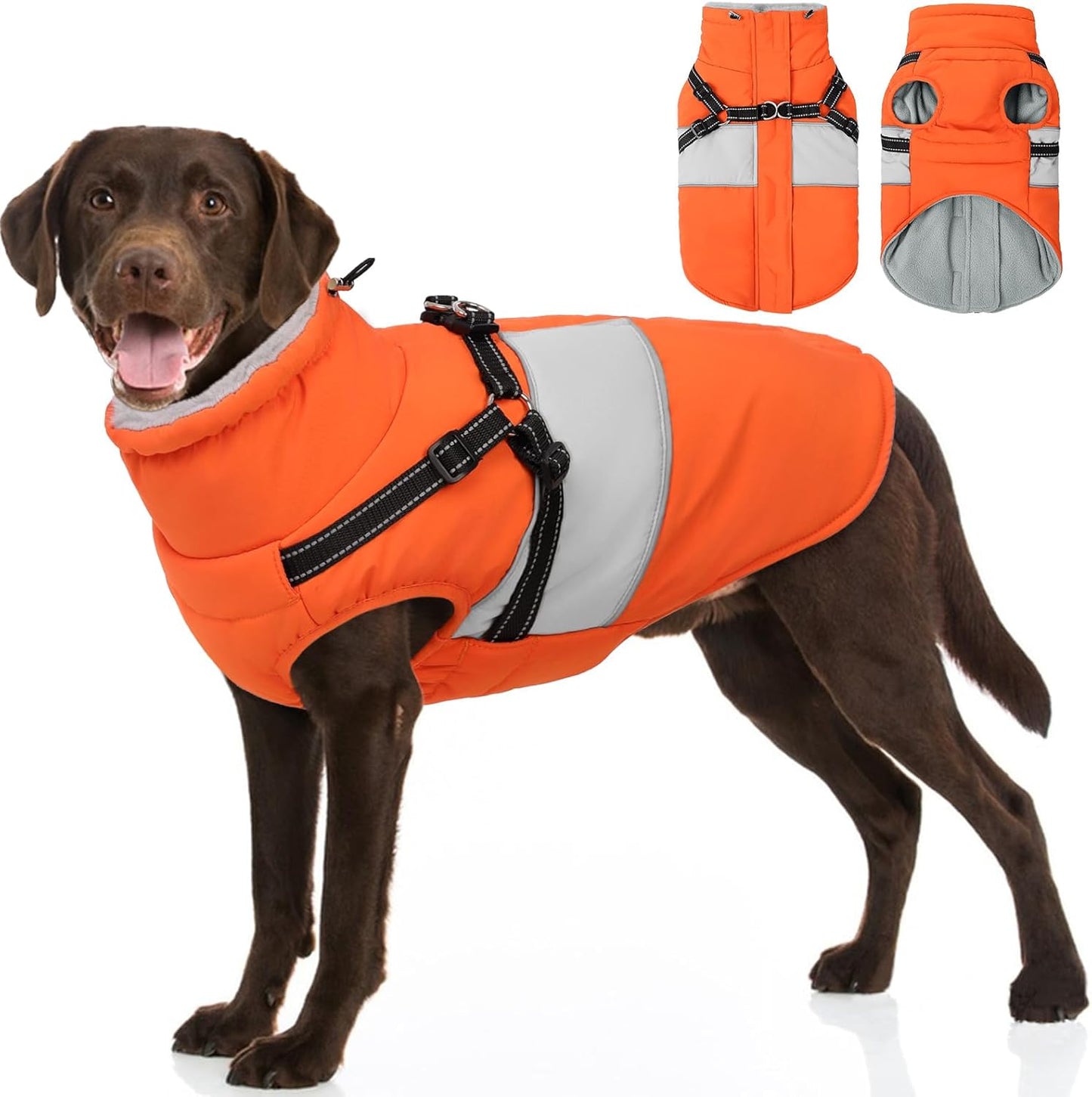 SUNFURA Dog Coat for Large Dogs, Warm Pet Jacket Winter with Harness Built in, Waterproof Pet Snow Jacket with Furry Collar, Reflective Fleece Snowsuit for Extra Large Dogs, Orange XL