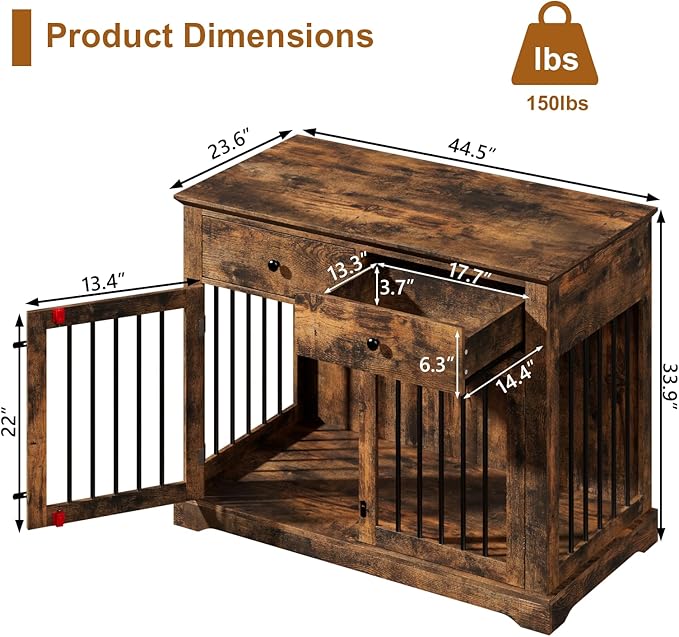 PUKAMI 44inch Dog Crate Furniture with Drawers,Wooden Dog Kennel Furniture for Large Breed,End Table Wood Dog House for Indoor use, for Small/Medium/Large Dog (Brown)
