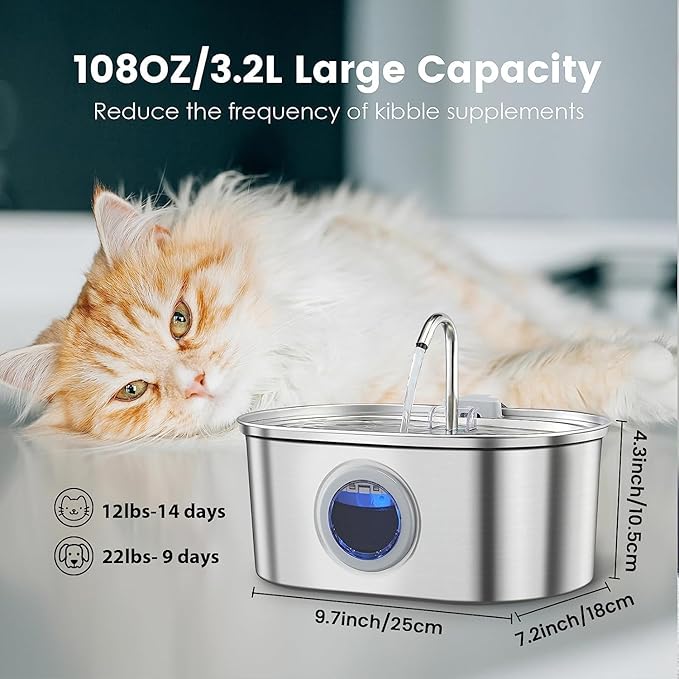 Stainless Steel Cat Water Fountain, 108oz/3.2L Automatic Pet Water Dispenser with Water Level Window, Quiet Pump, Multi-Stage Filtration for Cats and Dogs