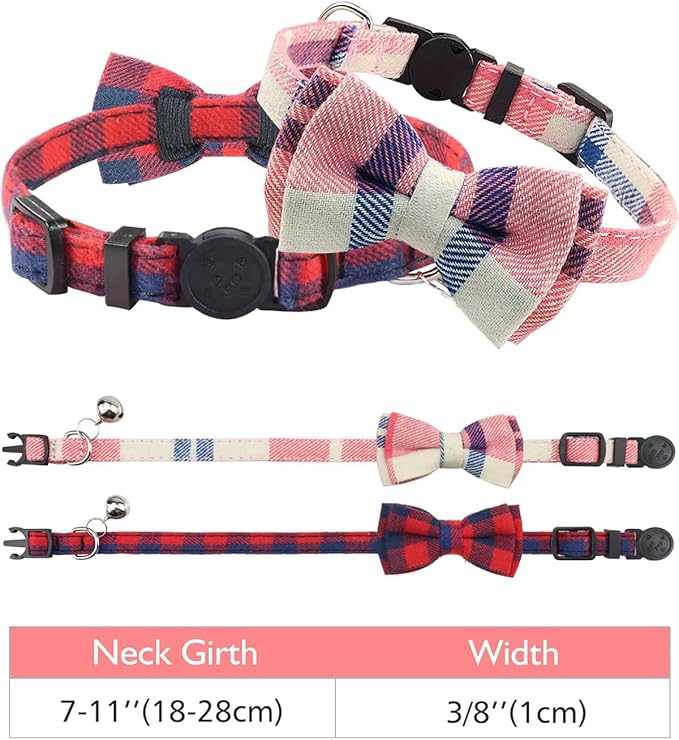 Joytale Upgraded Cat Collar with Bells, Breakaway Cat Collars with Bow Tie, 2 Pack Girl Boy Safety Plaid Kitten Collars, Pink+Red