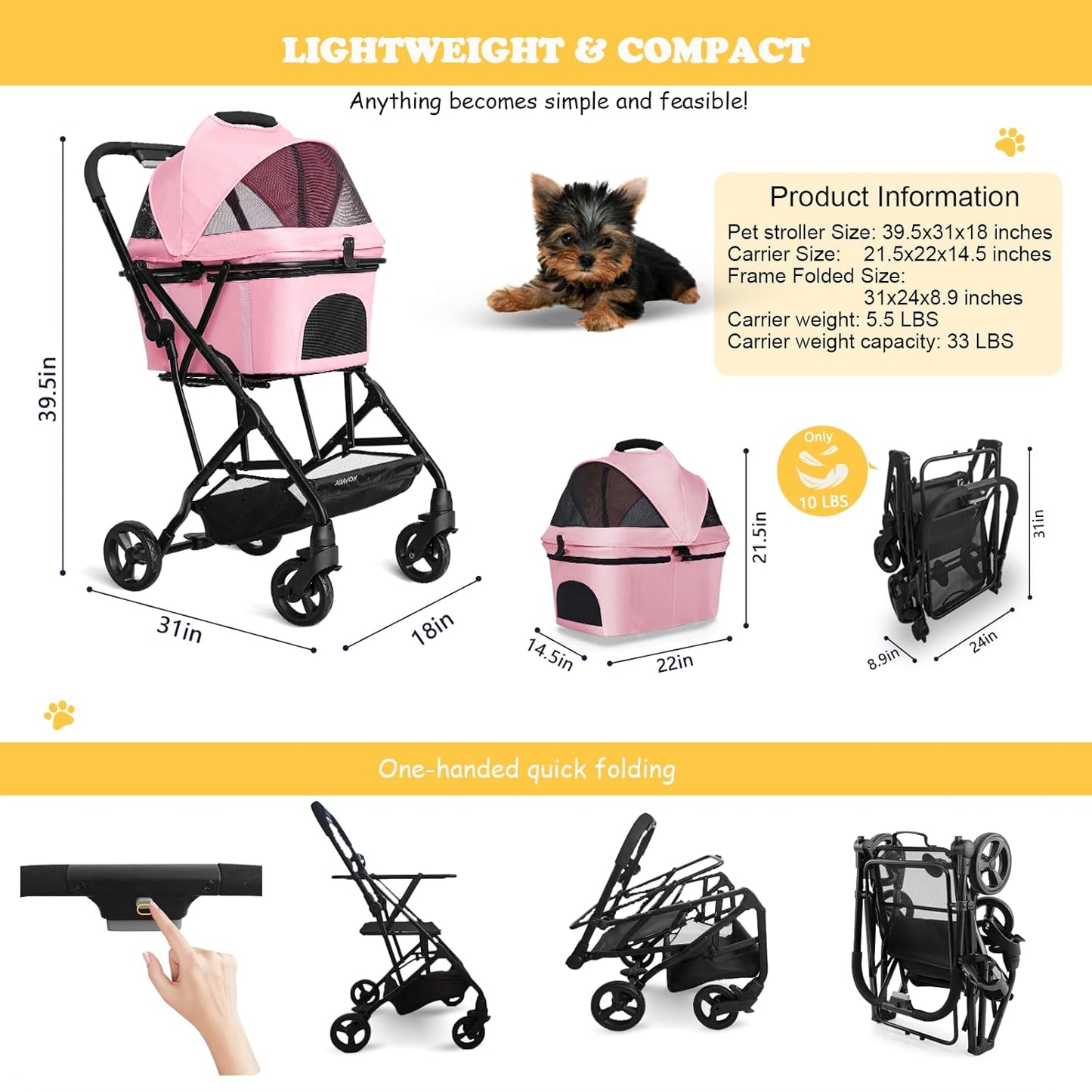 Pet Stroller for Small/Medium Dogs Cats Up to 33lbs, 3 in 1 Foldable Dog Stroller, Car Seat, Detachable Carrier with Anti-Scratch Mesh, Seat Belts, Comfort Cushions - Pink