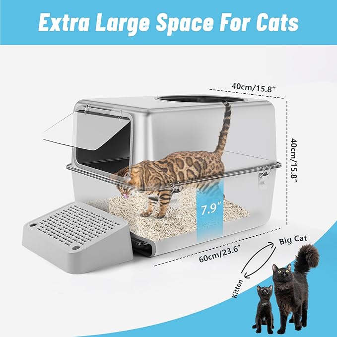 Stainless Steel Litter Box with Pull-Out Drawer, 23.6"L x 15.8"W x 15.8"H Enclosed Metal Cat Litter Box Tray with High Sides, Scoop, Filter Pedal, Top & Side Entry, Non-Sticky, Easy Cleaning