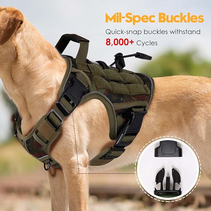 Heavy-Duty Tactical Dog Harness for Large Dogs, No Pull Adjustable Reflective Pet Vest with Molle System, K9 Military-Grade Control for Service Training, Outdoor & 10+ Breeds, Green Camo, Medium