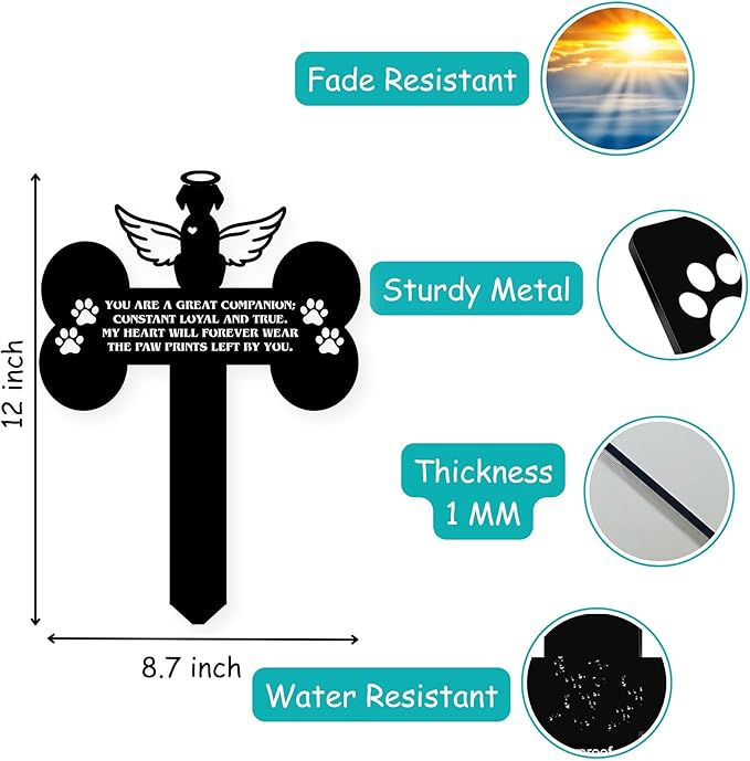 Dog Grave Marker Angel Cross – Pet Remembrance Gift for Loss of Dog, Weatherproof Metal Headstone for Yard, Garden or Indoor Memorial, 12in Sympathy Tribute Sign