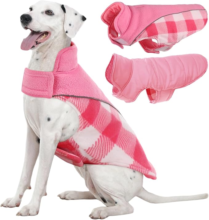 Kuoser Dog Winter Coat, Reversible Waterproof Dog Jacket with Reflective Strip, Warm Dogs Fleece Vest Adjustable Doggy Cold Weather Clothes Plaid Christmas Outfit Pet Apparel for Large Dogs, Pink XL