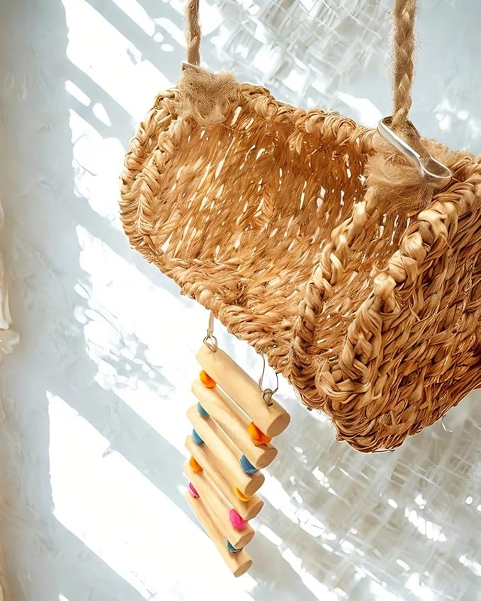 Hermit Crab Hideout with Natural Wood Ladder - Aquarium Climbing Bridge Ramp for Small Animals - Habitat Accessory for Crabs,Hamsters,Birds