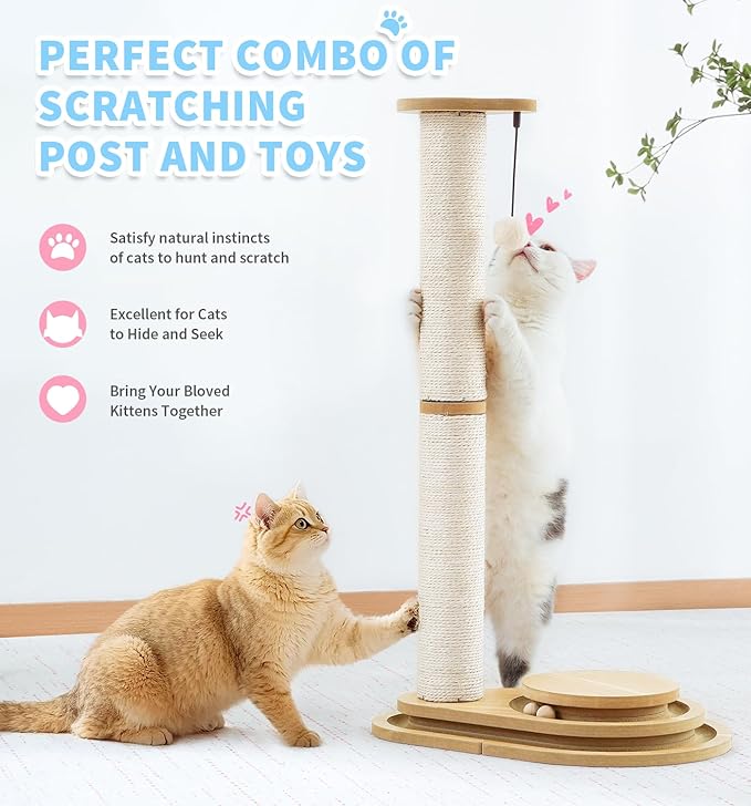 Made4Pets Cat Scratching Post Cat Scratcher Kitten Toys for Indoor Cats Wooden Ball Track Two-Layer Modern Sisal 32" Tall Scratch Post Interactive Toy with Dangling Ball Large Size