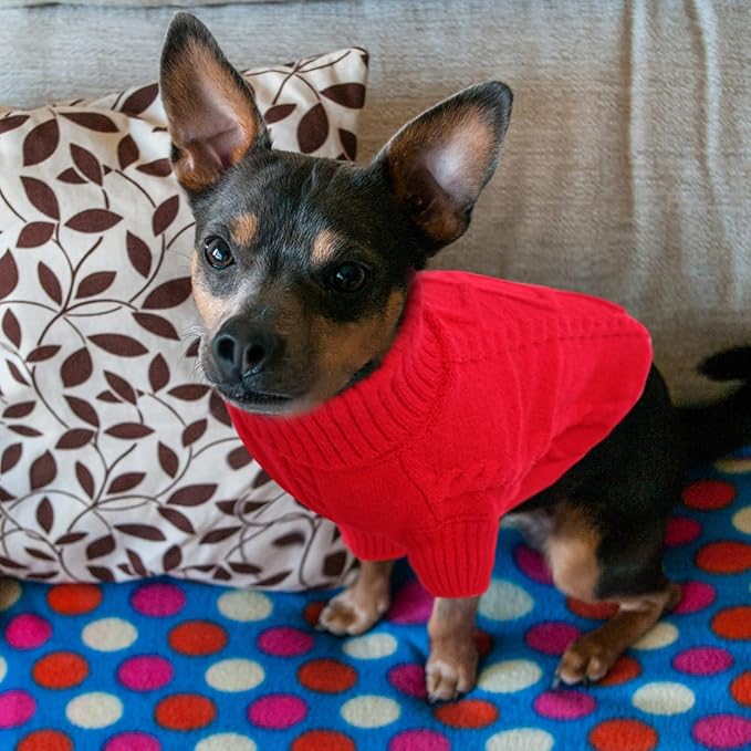 Queenmore Small Dog Pullover Sweater, Cold Weather Cable Knitwear, Classic Turtleneck Thick Warm Clothes for Chihuahua, Bulldog, Dachshund, Pug (Red, X-Large)