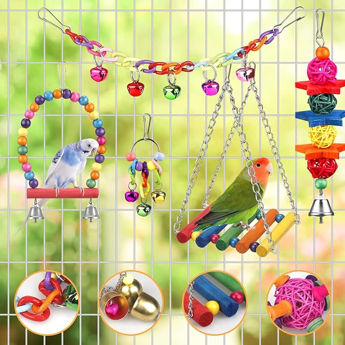 Bird Toys for Conures with Colorful Ladder Hammock Bird Cage Accerious Bird Perch Stand Chewing Toys Hanging Bell for Parrot Parakeet Cockatiel Lovebirds