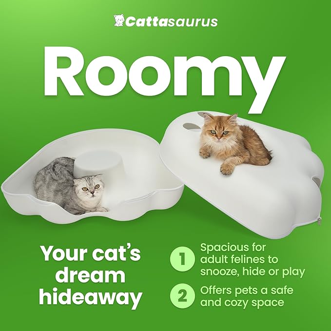 Cattasaurus Unique Gothic Peeka-Boo Cat Cave, Extra Spacious for Multiple & Large Cats 15+ lbs, Scratch Detachable Cat Beds for Indoor Cats, Washable Tunnel Bed (White Ghost, Jumbo)