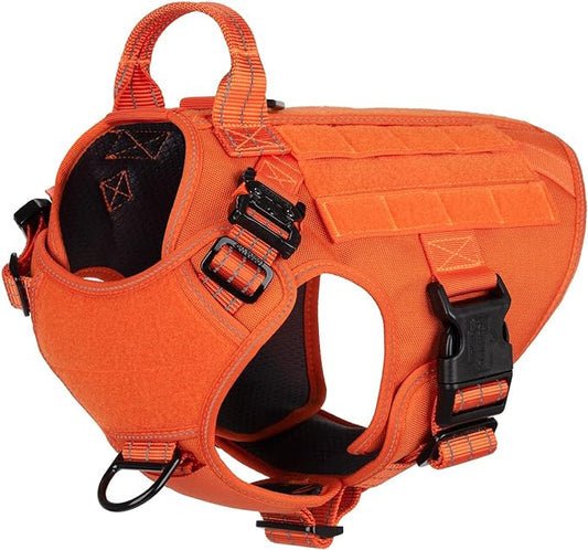 ICEFANG Tactical Dog Harness, Medium Size,2X Metal Buckle,Working Dog MOLLE Vest with Handle,No Pulling Front Leash Clip,Hook and Loop Panel (Orange,M (Pack of 1))