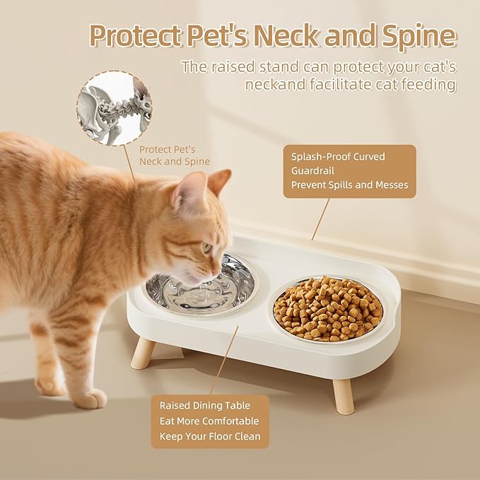 Elevated Cat Bowl, Raised Cat Food and Water Bowl Set for Indoor Cats, Splash Proof with 2 Stainless Steel Pet Food Bowls for Cats and Puppies, Whisker Fatigue and Dishwasher Safe - White