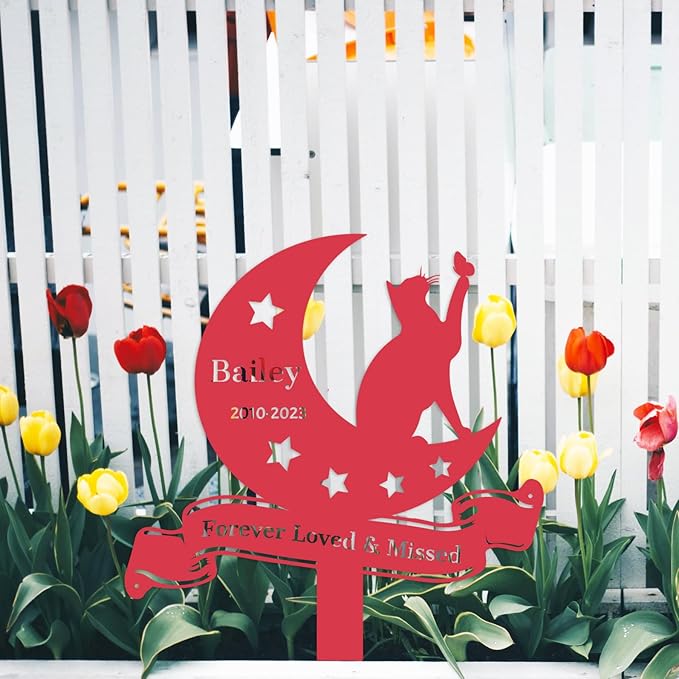 Custom Stars Moon Cat Grave Marker Outdoor, Personalized Metal Cat Memorial Stake Grave Marker, Customized Cat Memorial Statue for Outside Garden Plaque Pet Memorial Marker for Cats