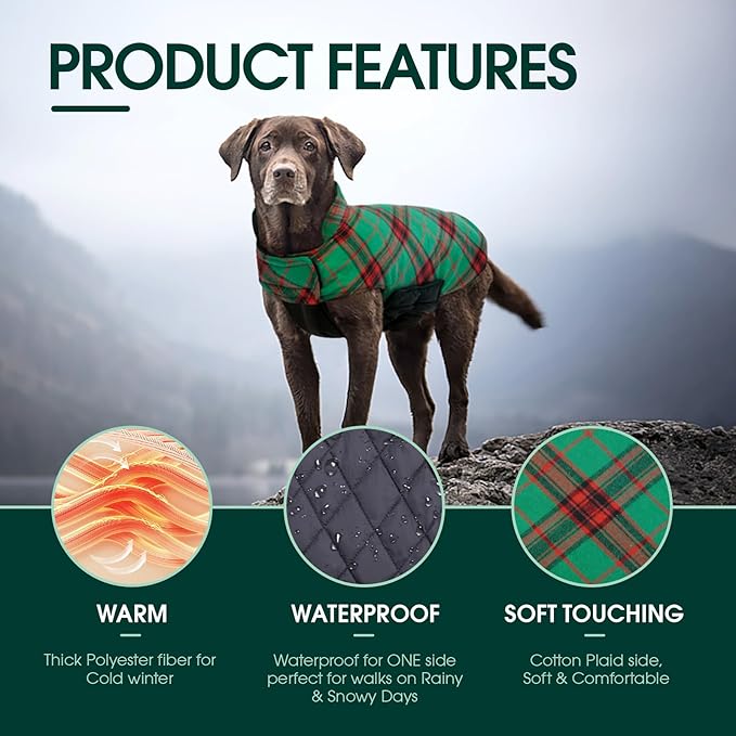 Kuoser Warm Dog Coat, Waterproof Dog Jacket for Extra Large Dogs, Adjustable Durable XXL Doggie Winter Coat Reversible Puppy Cold Weather Apparel from Small to Large Breed, Christmas Green XXL