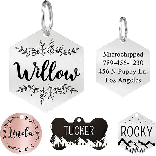 Ultra Joys Stainless Steel Pet ID Tag Dog Name Tags Personalized Front and Back Engraving, Customized Cat Tags, Optional Engraved on Both Sides, Hexagon Vine Design, Silver Small, Silver-hexagon-vine
