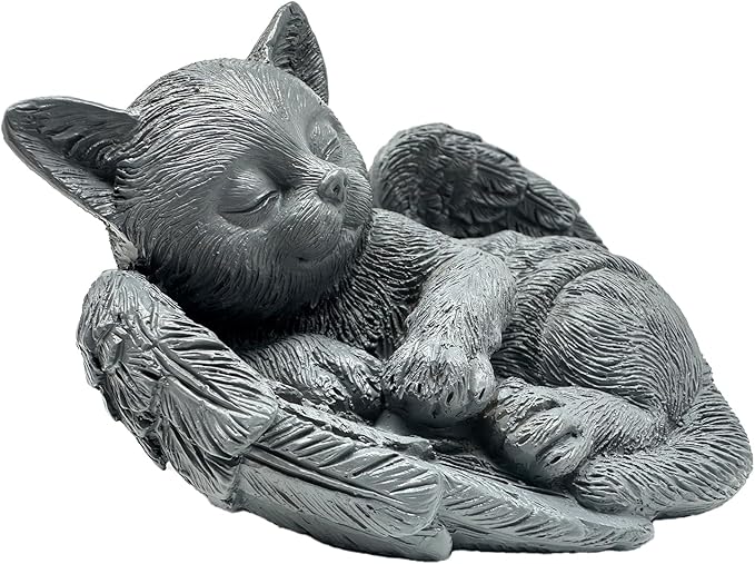 Small Cat Memorial Stone Commemorates Our Lost Fur Baby,Peaceful Sleeping Cat Angel Statue for Garden,Indoor,Pet Grave Markers,and Loss of Cat Sympathy Gift(Gray)