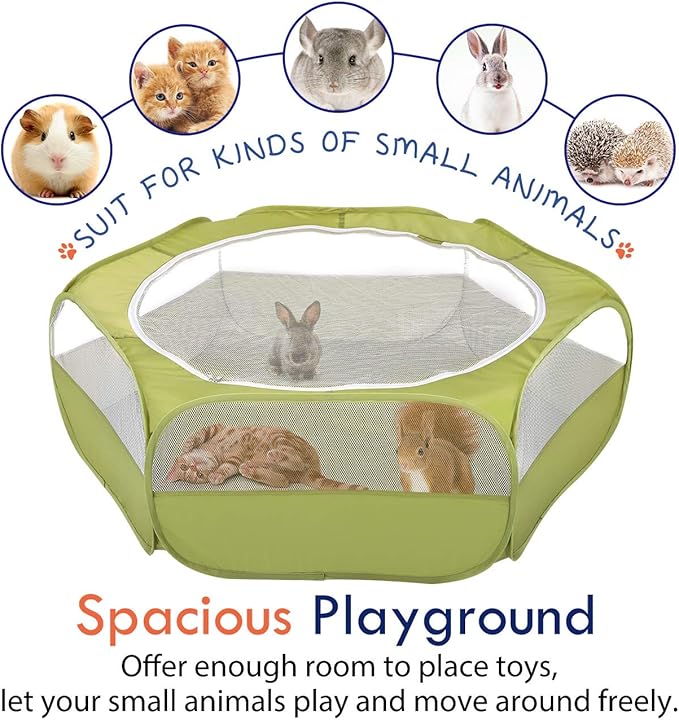 Pawaboo Small Animals Playpen, Waterproof Small Pet Cage Tent with Zippered Cover, Portable Outdoor Yard Fence with 3 Metal Rod for Chick/Kitten/Puppy/Guinea Pig/Rabbits/Hamster/Chinchillas,Green