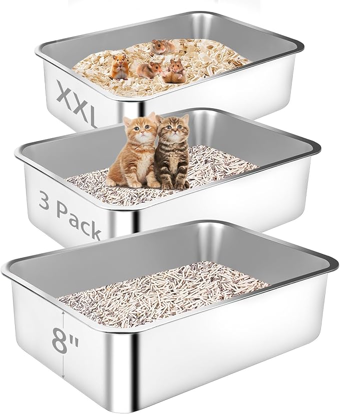 Stainless Steel Cat Litter Box, 3 Pack 23.6"x15.7"x7.9" XXL Metal High Sided Litter Pan, Extra Large Stainless Steel Box Splash-Proof and Non-Stick Cat Poop Box odorless