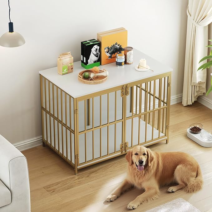 HOOBRO 38.6" Dog Crate Furniture, Wooden Dog Kennel Indoor, Heavy Duty Dog Cage for Small/Medium Dog, Decorative Side End Table, White and Gold DW100GW03
