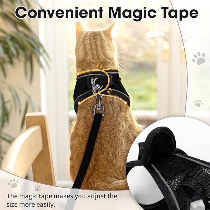 Cat Harness and Leash Set for Walking Escape Proof, Soft Adjustable Kitten Harness Breathable Mesh with Reflective Strips Harness for Kitty Puppy Bunny (Black, Medium)
