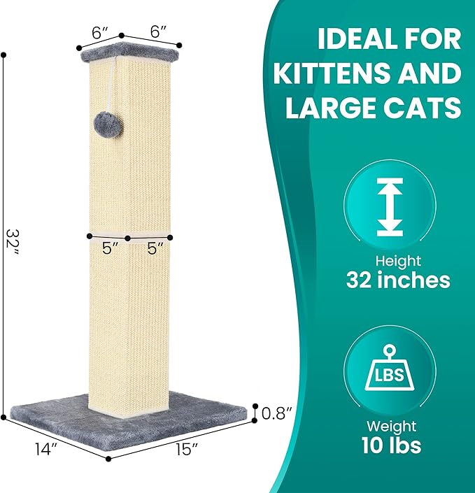 Cat Scratching Post 32 Inch for Indoor Large Cats and Kitten, Nature Sisal Tall Cat Scratch Post, Sisal Cat Scratcher Improve Cat's Scratching Habits and Protect Your Furniture, Grey