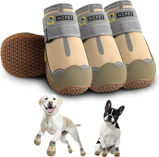 Hcpet Dog Shoes for Large Dogs, Waterproof Dog Booties for Small Medium Dogs, Anti-Slip Dog Boots & Paw Protectors for Hot Pavement Winter Snow Hiking with Reflective Straps Khaki Size 2