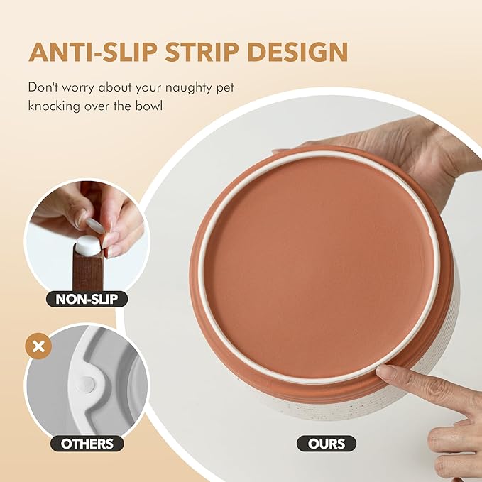 Ceramic 7.3inch Raised Double Dog Bowls Set with Acacia Wood Stand, Food & Water Bowls for Medium Breed Dogs, Weighted Pet Dishes(41oz, Vanilla White)