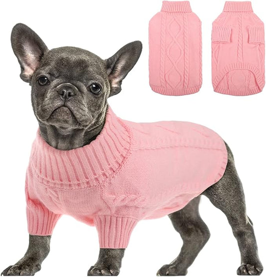 Queenmore Small Dog Pullover Sweater, Cold Weather Cable Knitwear, Classic Turtleneck Thick Warm Clothes for Chihuahua, Bulldog, Dachshund, Pug, Yorkie (Pink, X-Large)