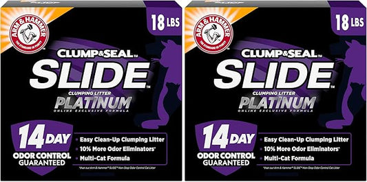 ARM & HAMMER Clump & Seal Slide Platinum Multi-Cat Clumping Cat Litter, 14-Day Odor Control, EZ Clean Technology, 18 lbs – No Scrubbing, Powerful Odor Eliminator (Pack of 2)