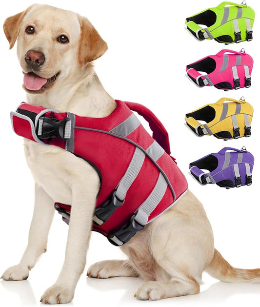 Kuoser Dog Life Jacket with Reflective Stripes - Adjustable High Visibility Vest, Ripstop Lifesaver, Pet Preserver with High Flotation Swimsuit for Small, Medium and Large Dogs