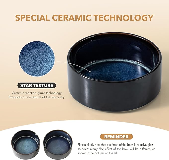 Ceramic 7.3inch Dog Bowl for Medium Breed Dogs, Anti-Slip and Weighted Pet Food and Water Dishes (Single Bowl, Starry Sky)