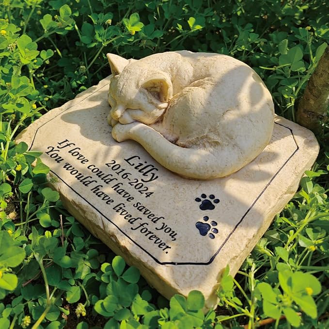Personalized Cat Memorial Stones Cat Memorial Statue Cat Headstone for Grave Cat Tombstones Pet Loss of Cat Sympathy Gift Home Yard Garden Decor, 8”L x 6.5”W x 3.5”H (Personalized Cat B)