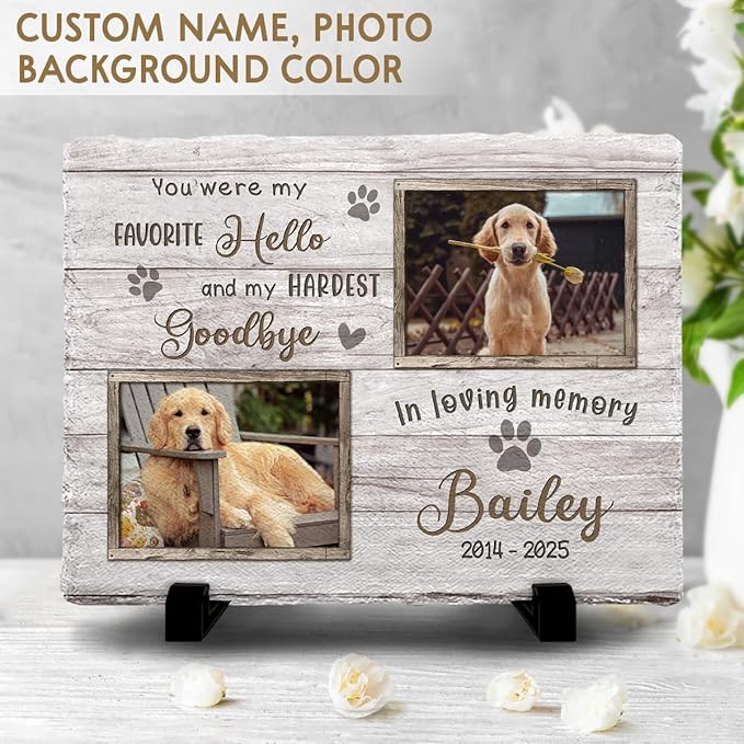 Multicolored Pet Memorial Stones for Dogs Personalized - 'You were My Favorite Hello and My Hardest Goodbye' - Unique Photo Frame Gifts for Cat Dog Lover, Garden Decor for Cemetery