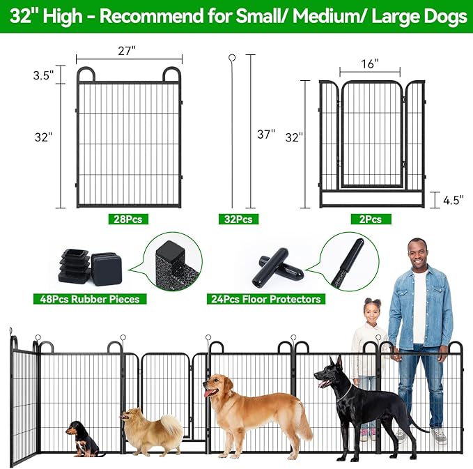 Dog Playpen Outdoor 24 Piece Panels Heavy Duty Dog Fence 32" Height Anti-Rust with Doors Portable for RV Camping Yard, Total 54FT, 227 Sq.ft, Snowy Black