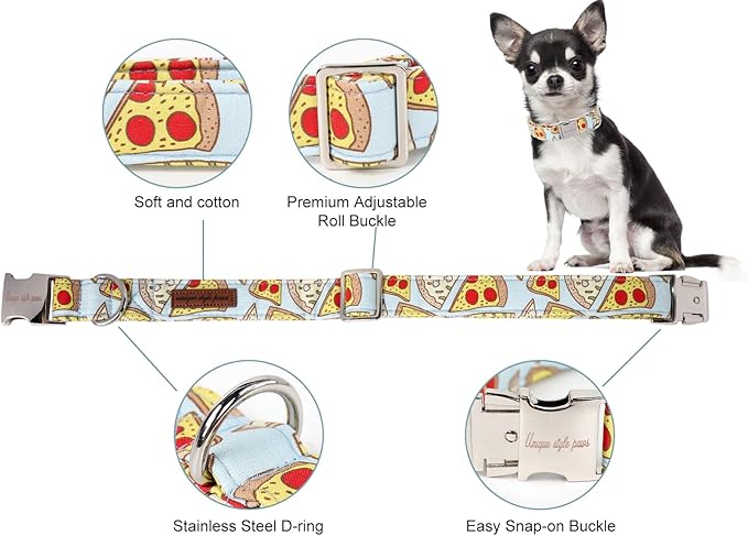 Unique style paws Dog Collar Metal Buckle Collar Gift for Small Medium Large Boys Girls Dogs, pizza