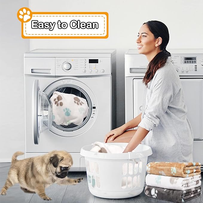 Rezutan Upgraded Dog Blankets for Medium Dogs, 3 Pack Dog Cat Blanket Washable, Soft Pet Throw Cover Suitable for Kennel Crate Bed, Cute Paw Pattern, 30"x20" Grey/Brown/White