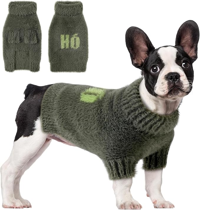 Small Dog Furry Pullover Sweater, Classic Turtleneck Dog Clothes for Cold Weather Cute Warm Pet Clothes for Chihuahua, Bulldog, Dachshund, Pug Green Medium
