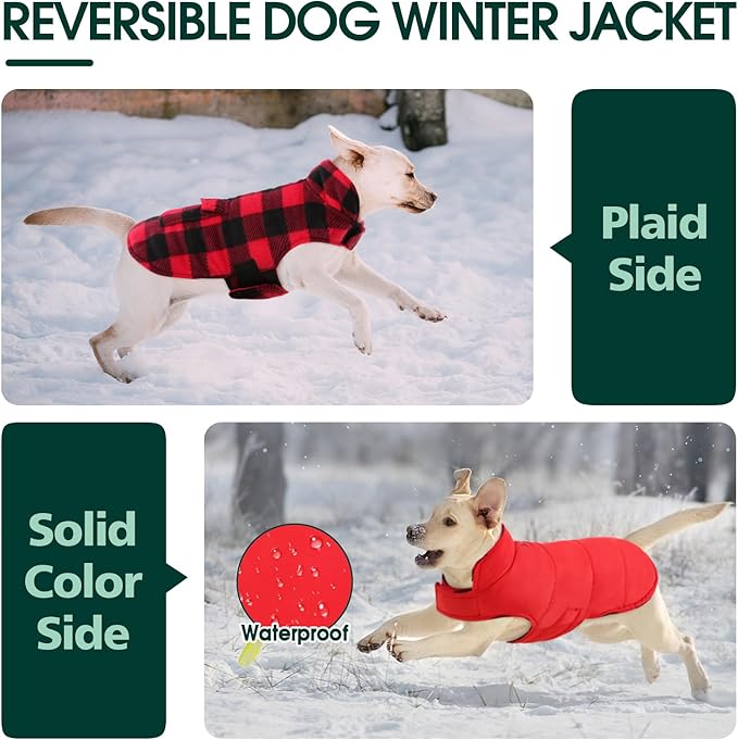 Kuoser Dog Winter Coat, Windproof Dog Fleece Jacket British Style Plaid Cold Weather Doggie Vest Coats, Reversible Cozy Warm Pet Clothes Apparel for Medium Dogs M