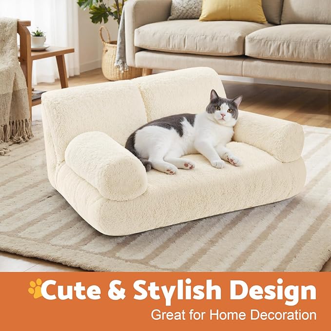 Gimars Upgrade Large Cat Bed for Indoor Cats -Added 10% More Stuff Sponge, Orthopedic Pet Couch Beds with Bolstered Edges, Fluffy Washable & Removable Cover, Anti Slip Base, White